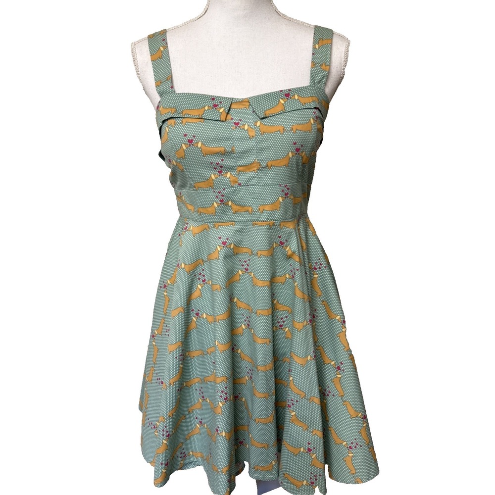 Vtg Y2K Dress Weiner Dog Dachshund Dots Retro Pinup Mini iXia SZ Lrg Novelty